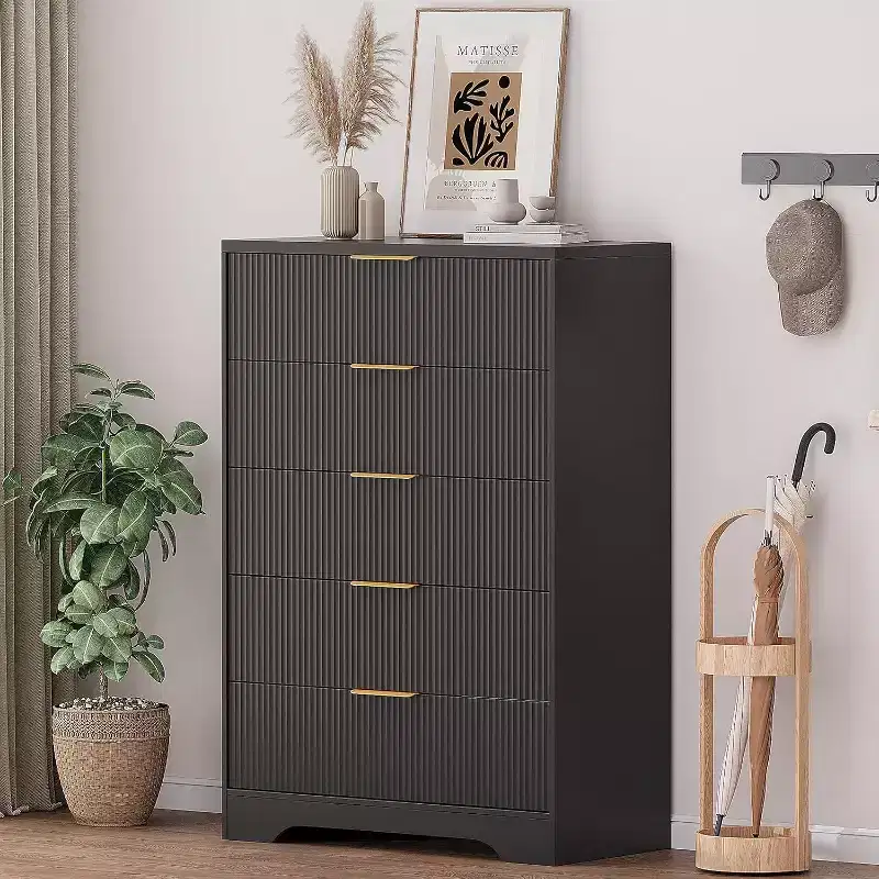 5 Drawers Tall Dresser, Modern Wood Chest of Drawers with Smooth Slides & Gold Metal Handles, 31.5 Storage Cabinet for Bedroom,Living Room,Entryway