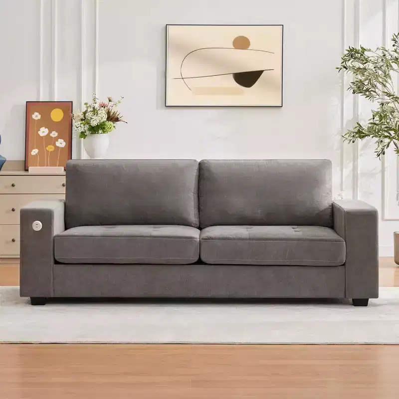 90 Compact Sofa, 2-Seater Gray Chenille Couch with USB/Type-C Ports & Side Pockets, Medium Firm Support