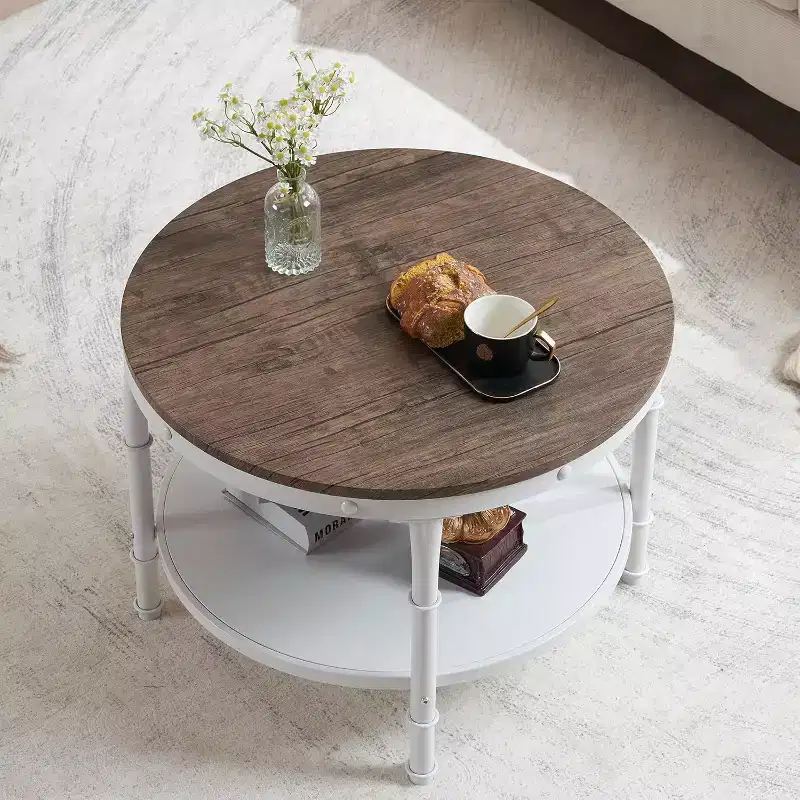 VINGLI 25.6 Dark Walnut White Round Farmhouse Coffee Table, 2-Tier Storage Wood Center Circle Accent Table for Living Room
