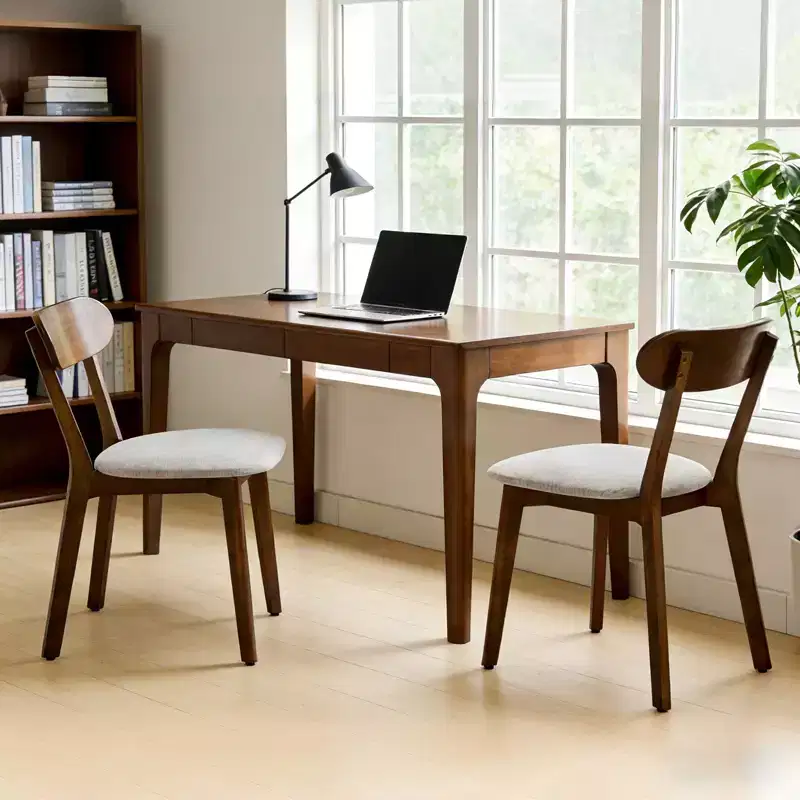 Mid-Century Modern Solid Wood Upholstered Dining Chairs, Set of 2
