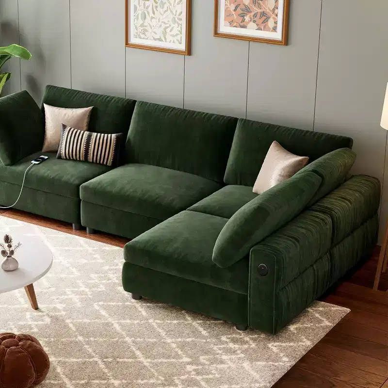 105 Modular Sectional Sofa - L-Shaped Velvet Couch with USB Charging (Emerald Green)