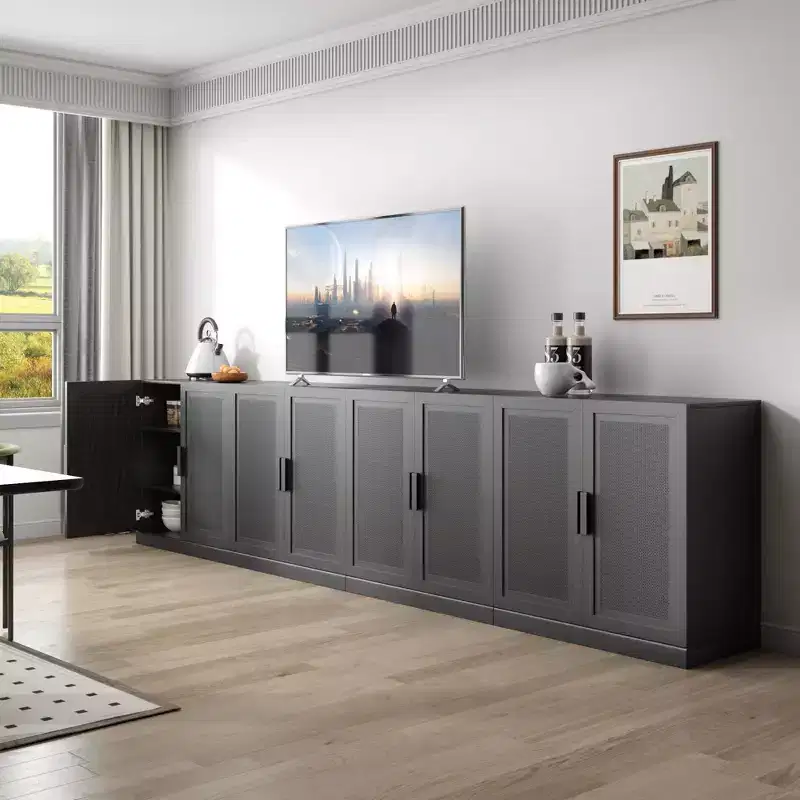 31x124x16 Wood Grain Buffet Cabinet in Black, Storage Organizer with Adjustable Shelves and Rattan Doors for Kitchen Bedroom Living/Dinning Room