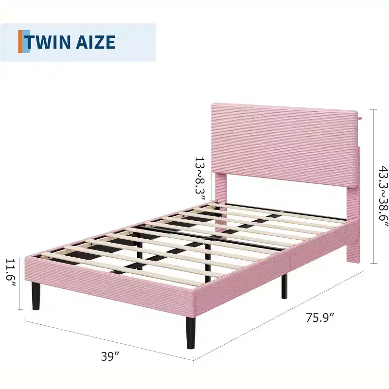 Twin Size Bed Frame, Platform Bed with Adjustable Corduroy Upholstered Storage Headboard and Charging Station, Sturdy Metal Support, Pink
