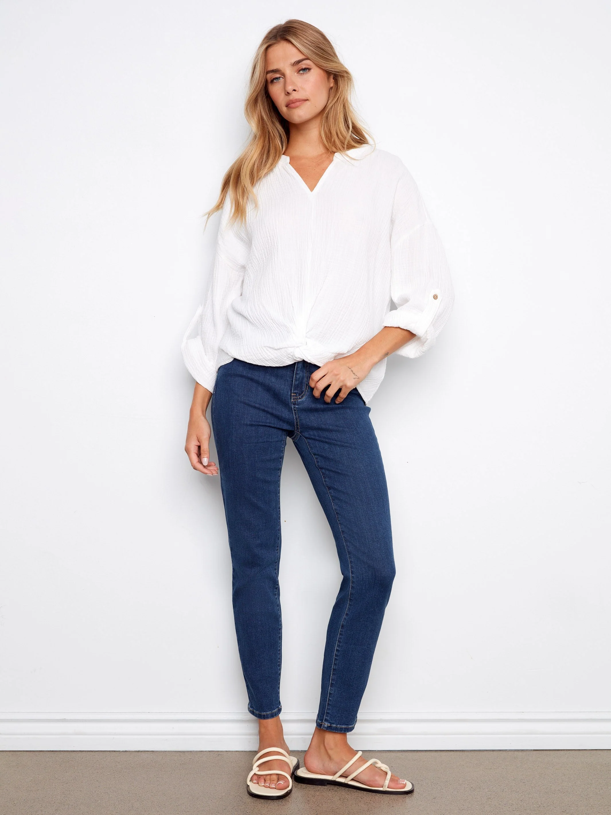 Bubble Cotton Blouse With Front Twist - White