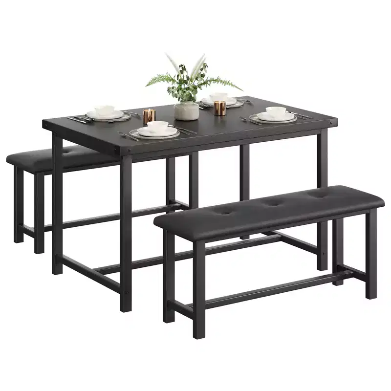 3 Piece Dining Table Set for 4, 44 Kitchen Table with 2 Benches, Wooden Rectangular Kitchen Table Set, Space Saving Breakfast Table, Black