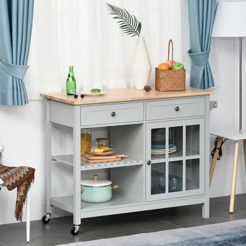 Kitchen Island Utility Storage Cart with Rubber Wood Top, Towel Rack, 2 Cabinets & Drawers for Dining Room