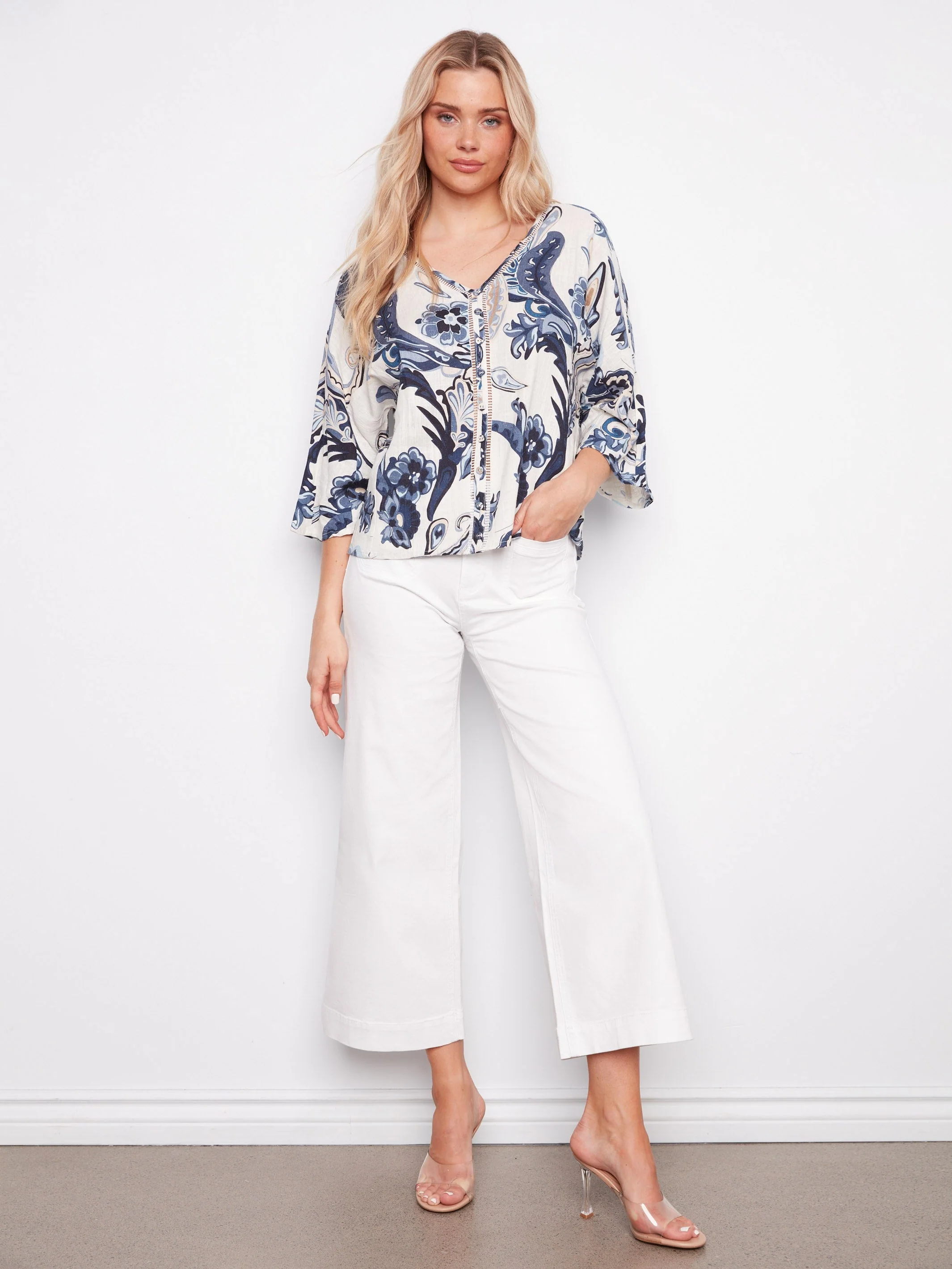 Printed Linen Blend Blouse With Front Button Detail - Blue Paisley Print
