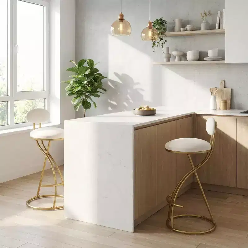 Homy Casa Set of 2 Velvet Bar Stools with Curved Gold Metal Frame and Footrest, 28 Seat Height, Cream White