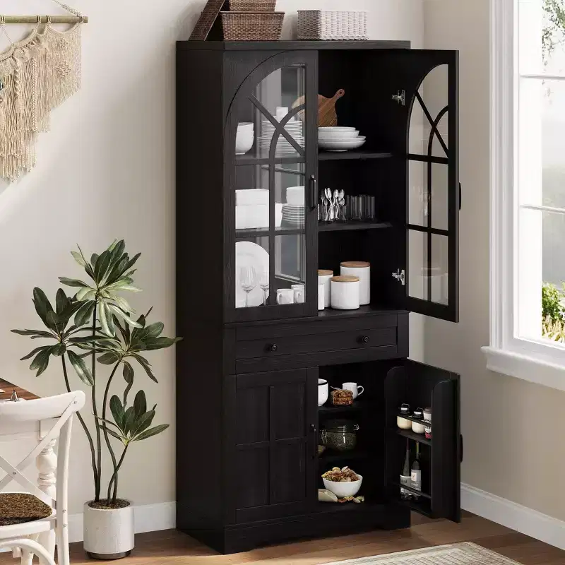 Farmhouse Pantry Cabinet, 71.9 Tall Freestanding Kitchen Cabinet with Tempered Glass Doors& Anti-Tip Design for Kitchen, Dining Room & Living Room