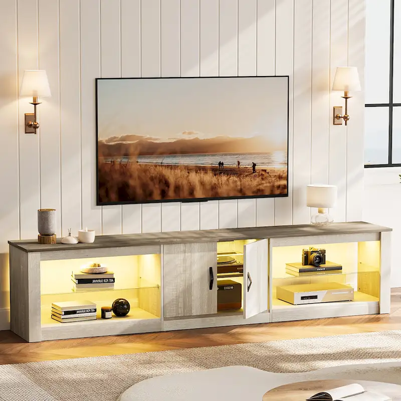 80 TV Stand LED Entertainment Center for TVs up to 85 with Two Storage Cabinets - 80 inch