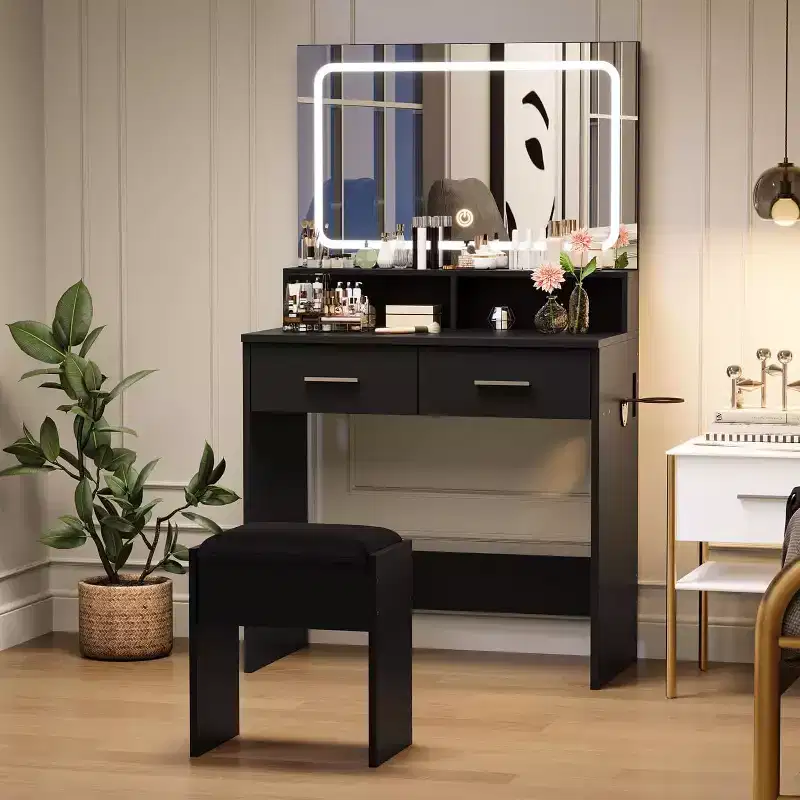 Vanity Set with 3-Color Adjustable LED Mirror, Small Makeup Desk with Power Outlet and 2 Drawers, Modern Dressing Table and Cushion Stool Set