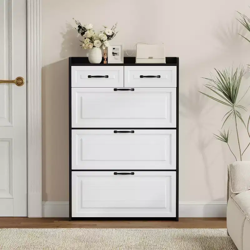 1250 Black Shoe Cabinet With 3 Doors 2 Drawers, PVC Door With Shaped PVC Doors