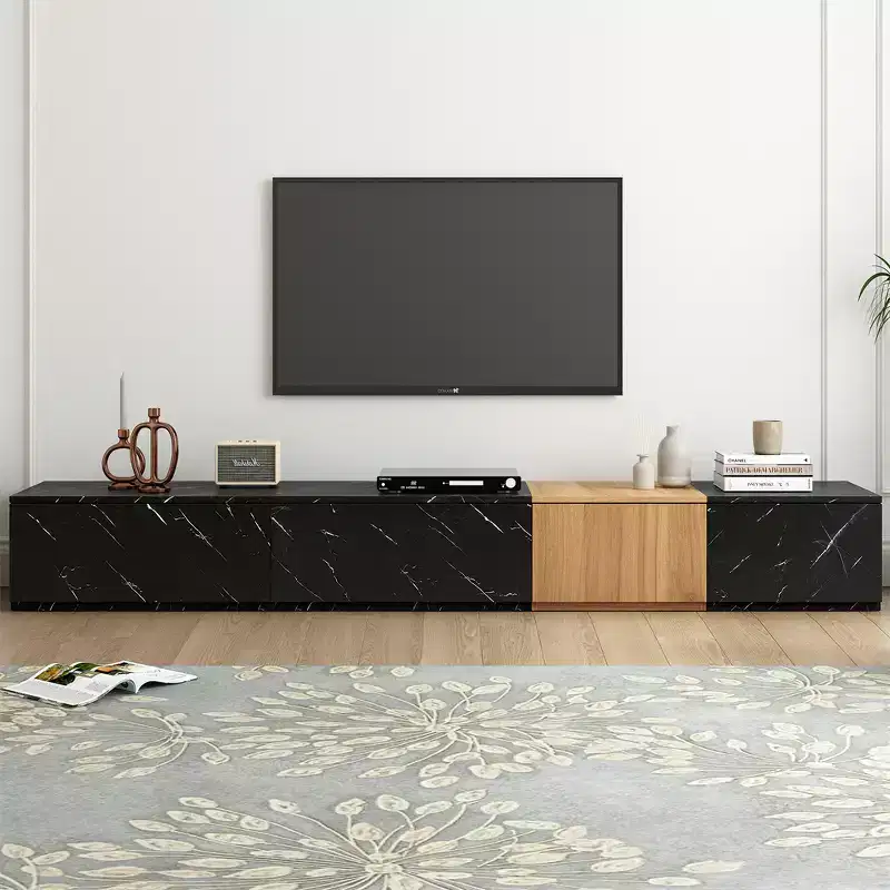 78.7-Inch TV Stand with 4 Drawers, Fits TVs up to 88 Inches, Faux Marble and Walnut Finish