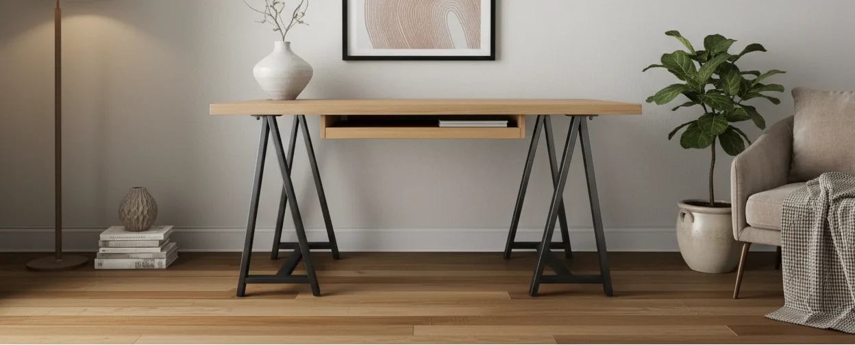 60 Natural and Black Solid Wood and Metal Trestle Executive Desk