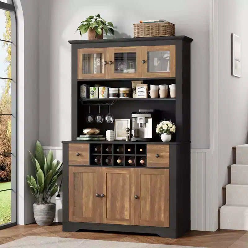 COZONY 68.7 Farmhouse Kitchen Pantry Cabinet with Countertop, Drawers & Adjustable Shelves, Tall Storage Hutch with Bottle Rack
