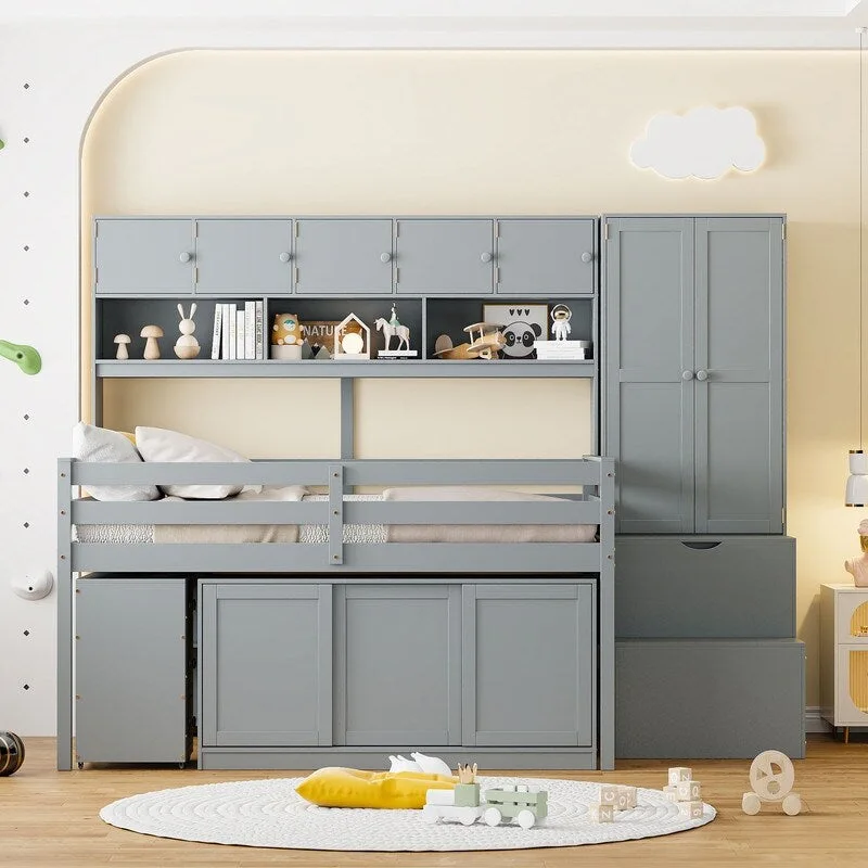 Full Size Wooden Loft Bed Big Storage with Under-bed Desk, with Drawers, with Shelves
