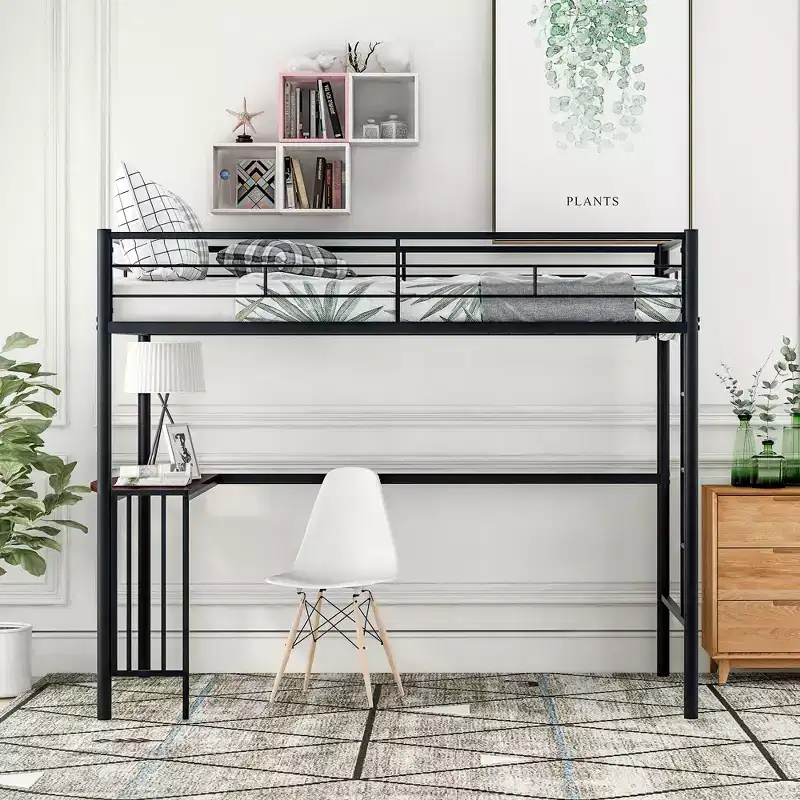 Whisen 78.1L x 41.4W Twin Size Metal Loft Bed with Built-in Desk, Ladder and Guardrails, Loft Bed for Bedroom