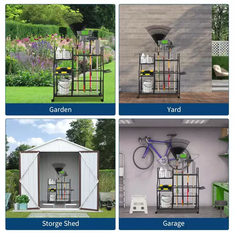 Garden Tool Organizer, Yard Storage Rack with Wheels & Baskets, Freestanding Garage Tool Organizer for Lawn, Shed, Patio, Rakes