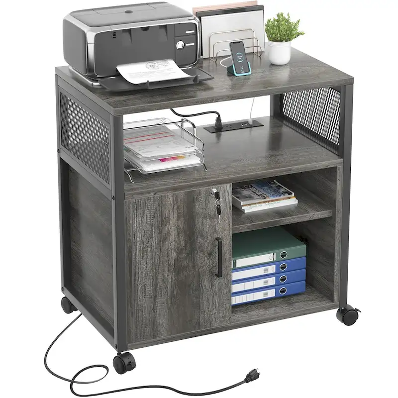 Rolling File Cabinet Lateral Office Filing Cabinets with Charging Station,Modern Printer Stand on Wheels
