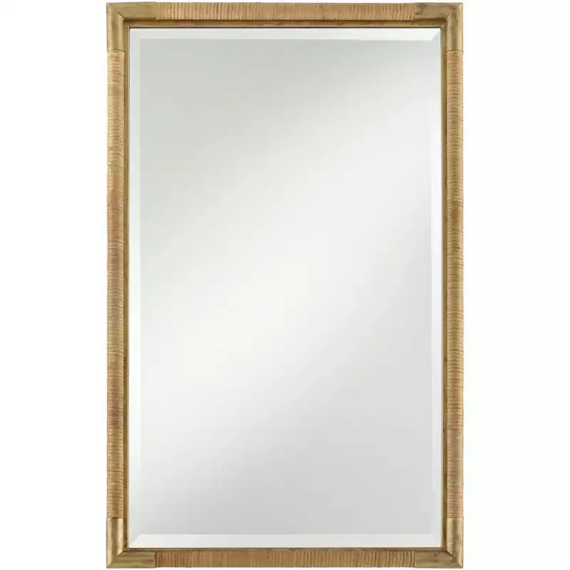 Antiqued Gold and Rattan 23 x 36 Vanity Mirror