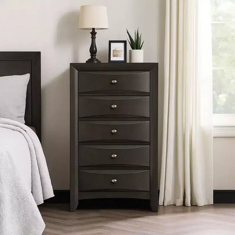 Tall Dresser Chest, 5 Drawers, Chrome Handles, Modern Dark Gray
