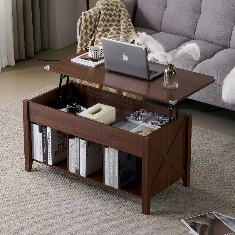 VINGLI Farmhouse Lift Top Coffee Table, Coffee Tables for Living Room with Storage Shelf/Hidden Compartment, Mesa De Centro para Sala, Rustic Brown
