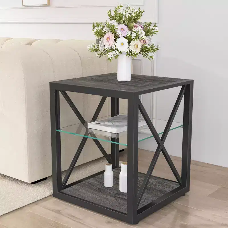 Modern Industrial End Table with Metal Frame & Tempered Glass Shelf, Living Room & Bedroom