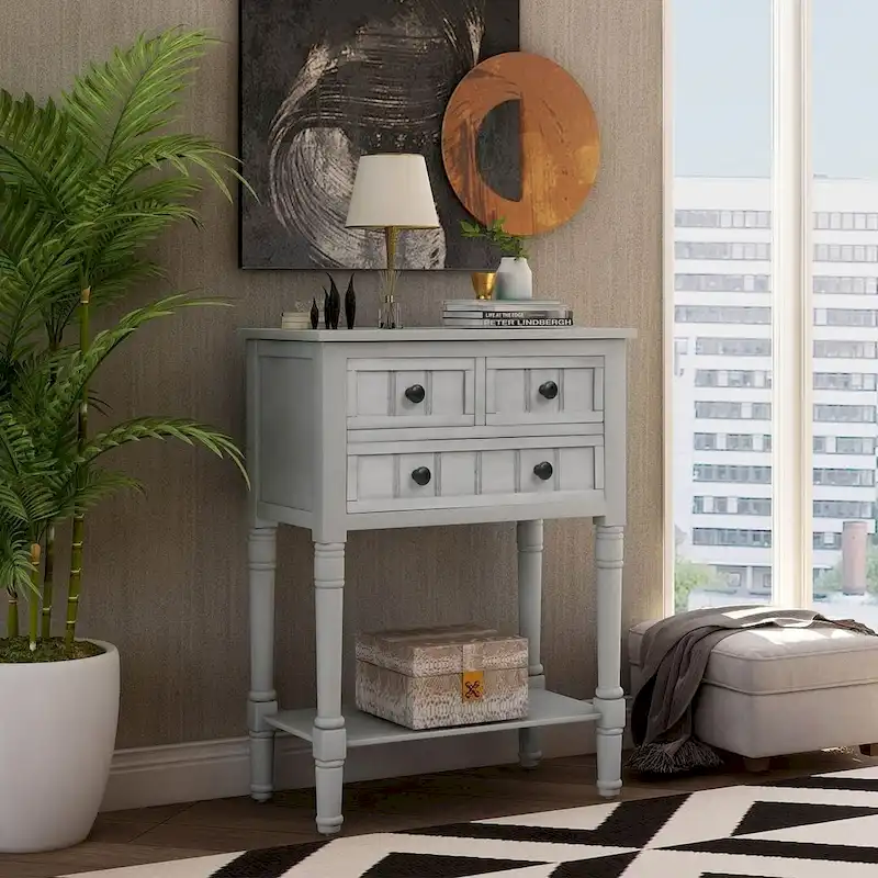 23.7 Farmhouse Solid Wood Console Table with 3 Drawers and Bottom Shelf