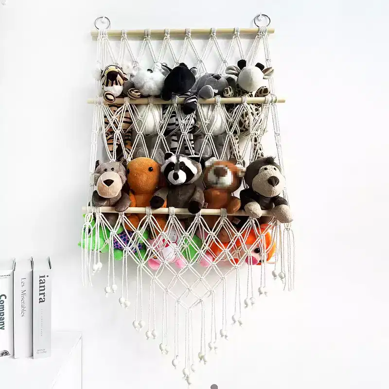 Stuffed Animal Storage Hammock Toy Hammock Net 2-layer Wood Plush Toys Holder Hanging Toy Organizer Wall Hanging Mesh Net for Nursery Play Room