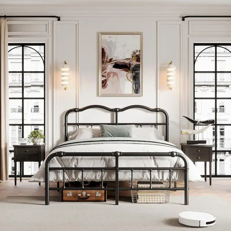Heavy-duty Anti-Wobble 18 Inch Bed Frame With Wavy Art Headboard, Easy Assembly