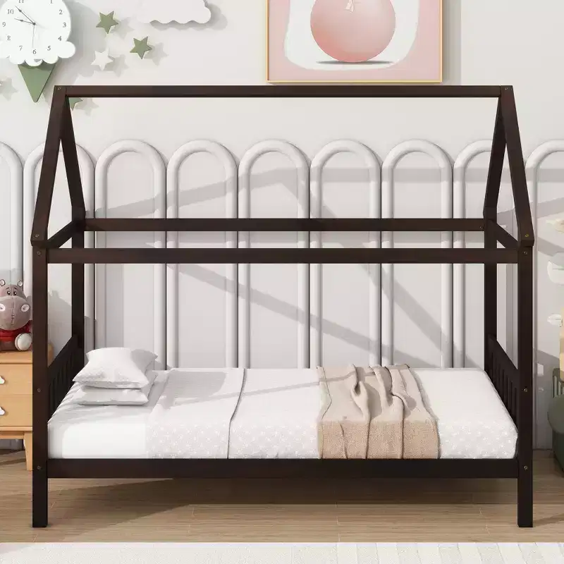 MAYEERTY Twin Rubber Wood Bed with House Frame Brown