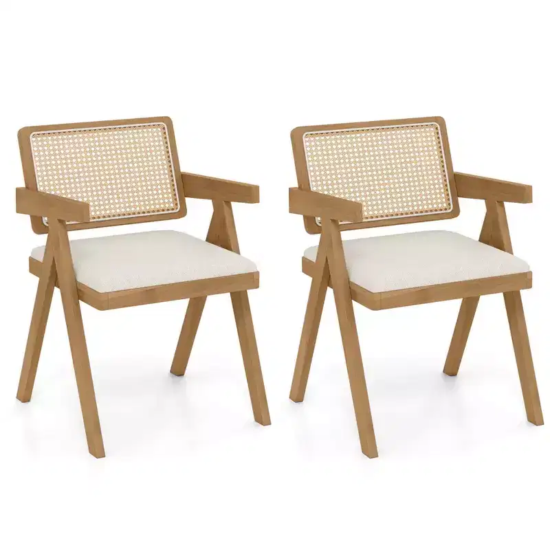 Costway Set of 2/4 Rattan Accent Chairs Fabric Dining Chairs Modern Living Room Chairs White