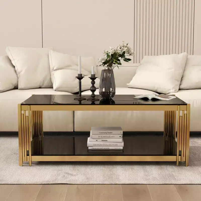 MAYEERTY 47 inch Rectangle Glass Double Layer Cofee Table, Black Modern Table with Tempered Glass Tabletop Stainless Steel Legs
