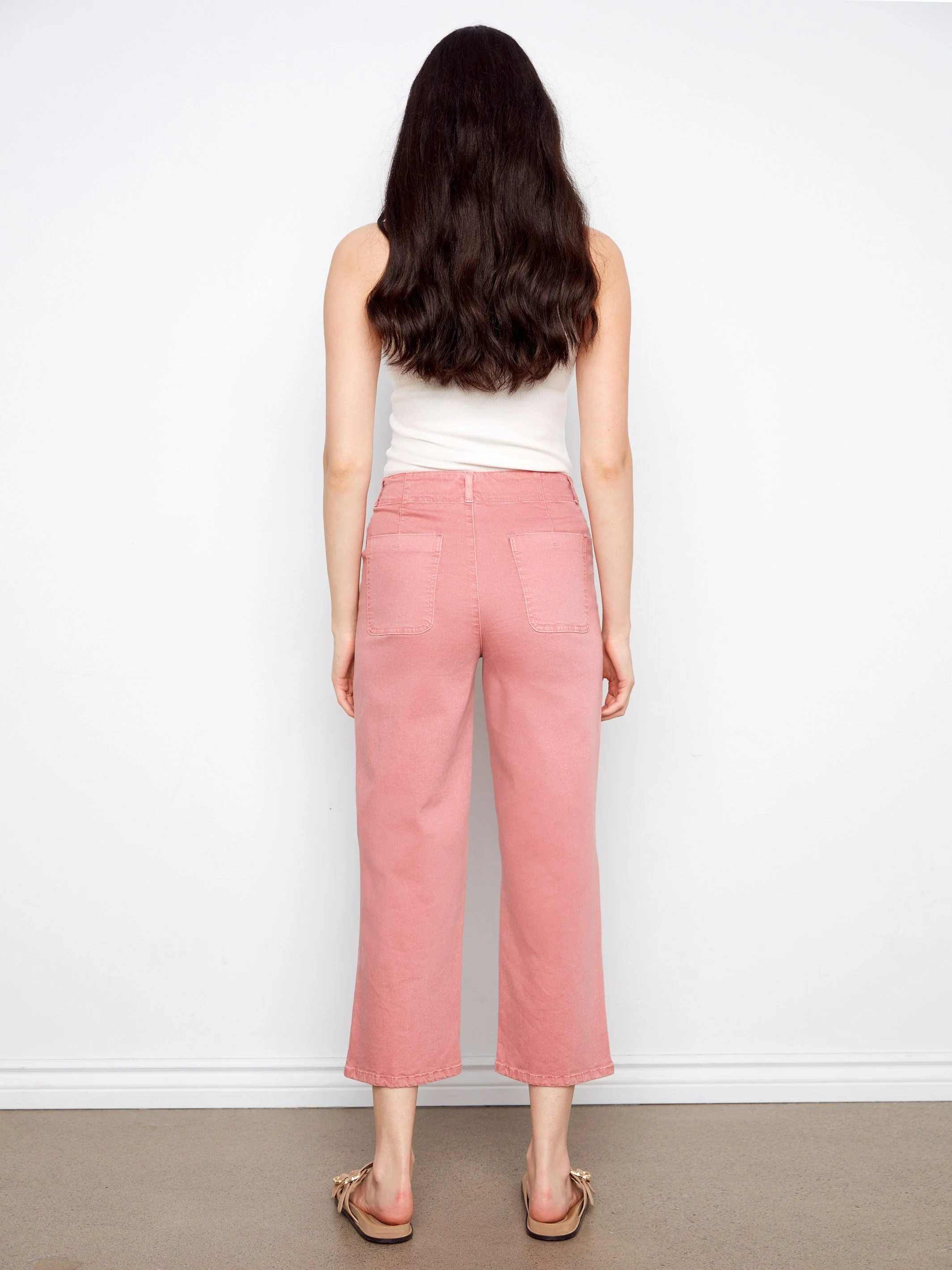 Front Button-Fly Crop Twill Pants - Rose Pink