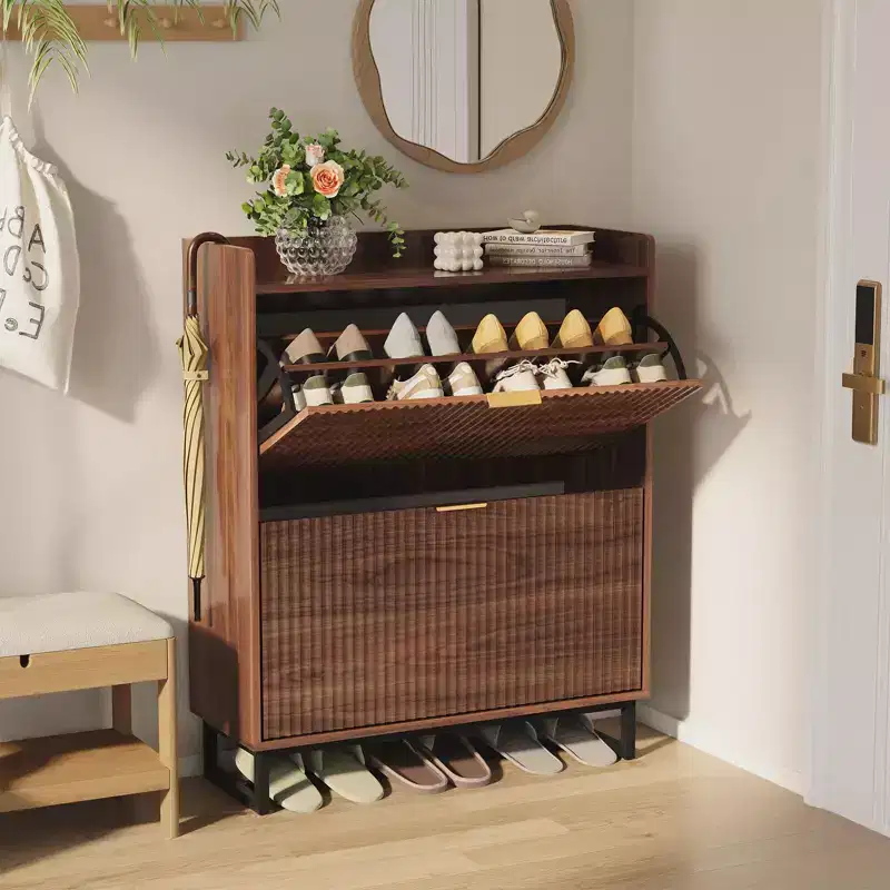 Narrow Entryway Shoe Cabinet – 2 Flip-Top Drawers, Wall Anchor, Walnut, Holds 12-16 Pairs