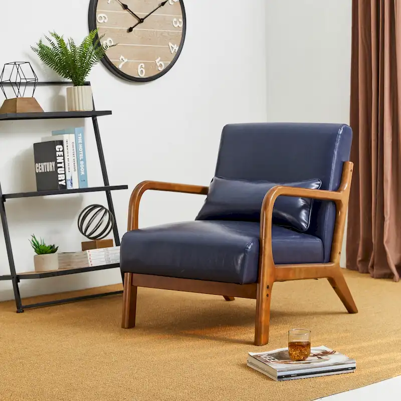 Glitzhome 30.75H Mid-Century Modern PU Leather Armchair Accent Chair with Pillow - 25.75W x 33.75D x 30.75H