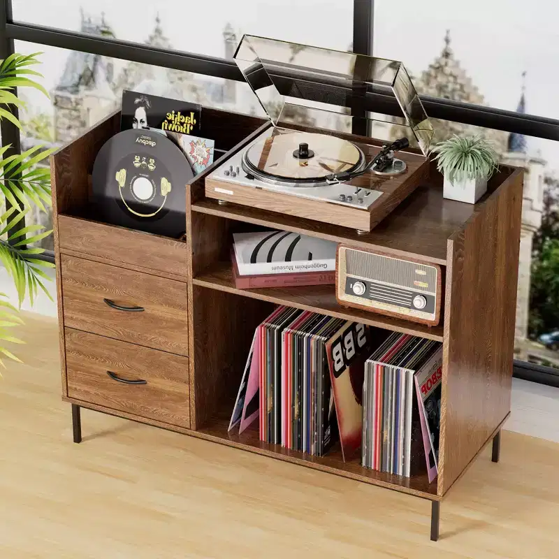 JVNOXK Medieval Modern Style Record Rack with Drawers Combined storage functionality, holds over 500 albums Sturdy wood and metal audio cabinet