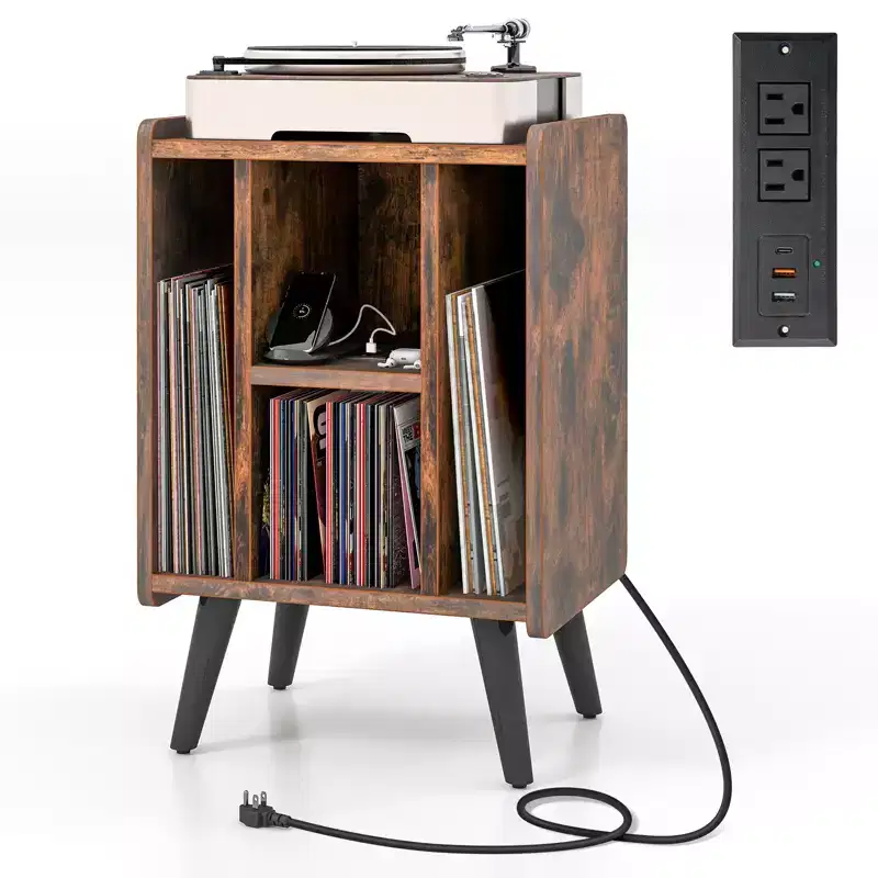 Record Player Stand w/ Charging Station & USB Ports, Side Table w/ Vinyl Storage Cabinet, Album Display Shelf Turntable Brown/Grey