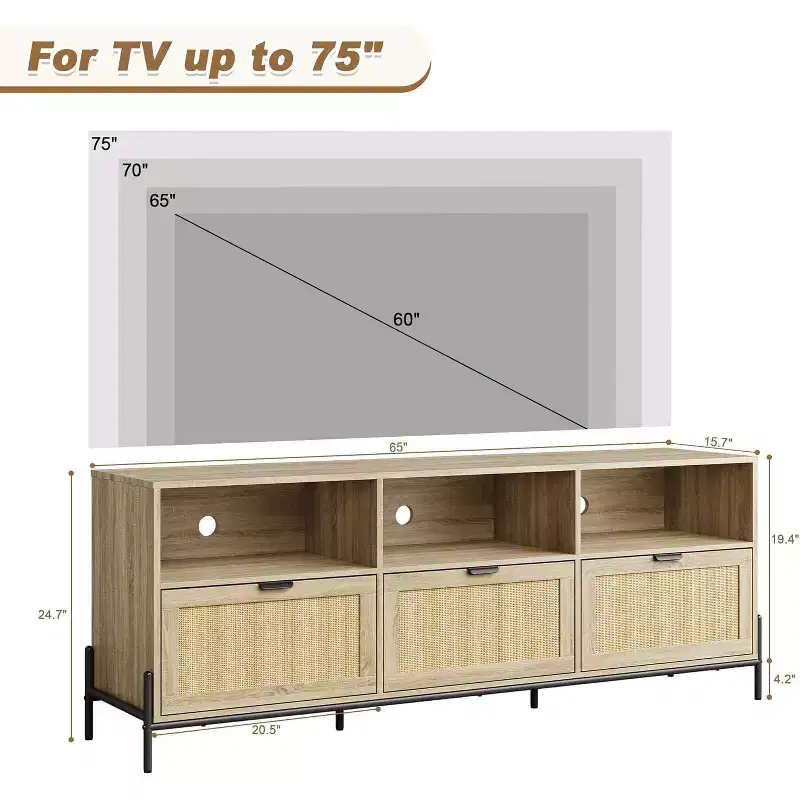 75'' TV Stand, Mid-Century PE Rattan Media Console with 3 Drawers & Shelves - Metal Legs for Living Room/Bedroom