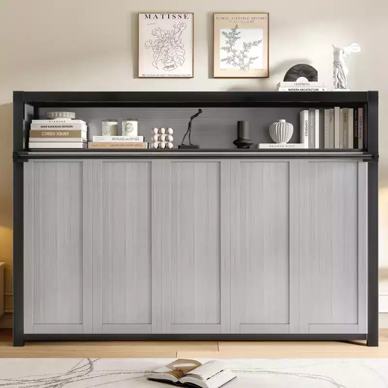 Twin Size Murphy Bed with Shelves, Metal Wall Bed with Foldable Design for Small Space