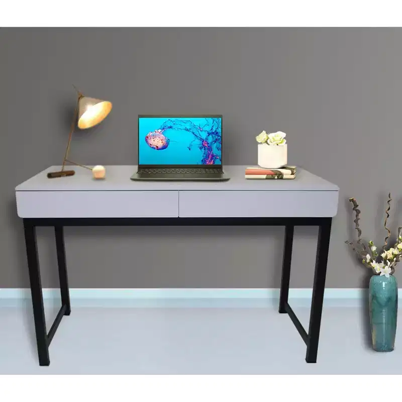eHemco Office Desk with 2 Drawers in Light Gray Top and Metal Frame Base in Black