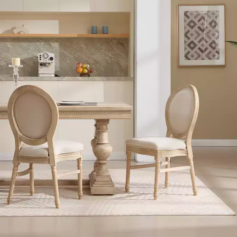 Ora Maison French Country Dining Chairs Set of 2, Upholstered Carved Round Back Chairs, Beige