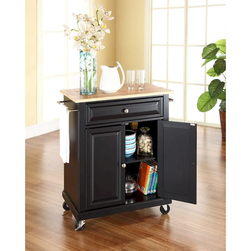 Crosley Black Wood Portable Kitchen Cart/Island with Natural Wood Top - 31W x 18D x 35.5H