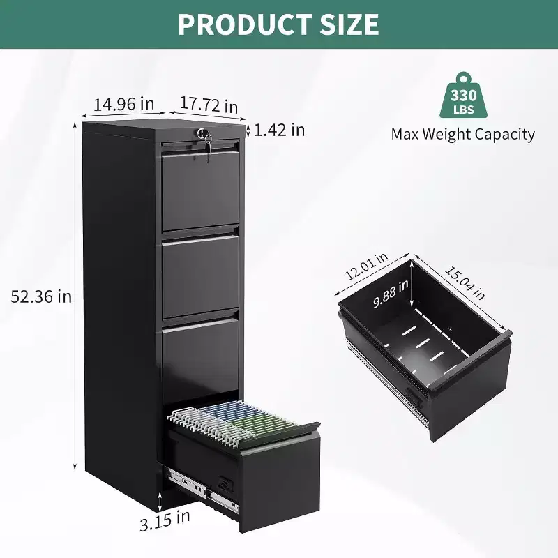Acekool 4-Drawer Vertical File Cabinet with Lock, Metal Filing Cabinet for Home Office, A4/Letter/Legal Hanging Files