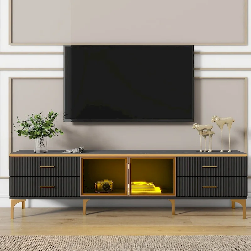 TV Stand Media Console with Glass Cabinet Doors and Gold Legs – Gold+Black / Gold+White, 1-Unit