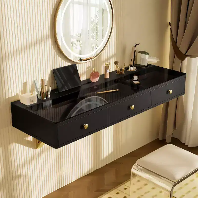 JVNOXK 47-inch Multi-Function Wall-Mounted Vanity with Drawers and Floating Shelves, Suitable for Desks, Bedrooms, and Hair Styling, Black and Gold