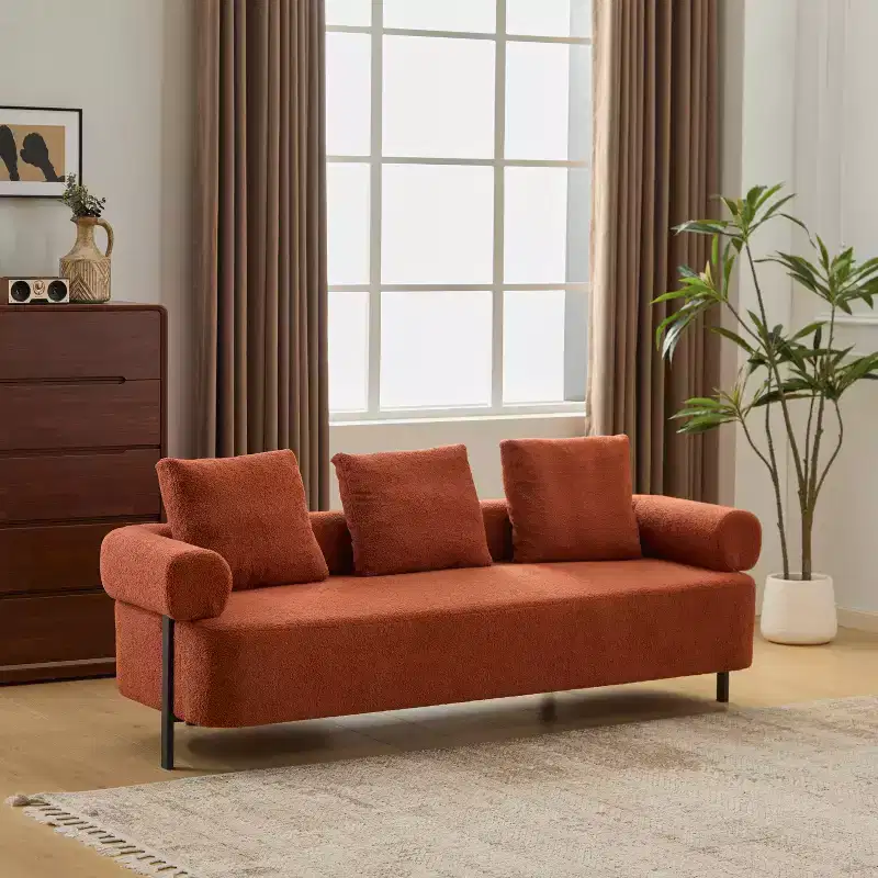78-Inch Modern 3-Seater Orange Upholstered Sofa with Plush Pillows, for Living Room or Bedroom
