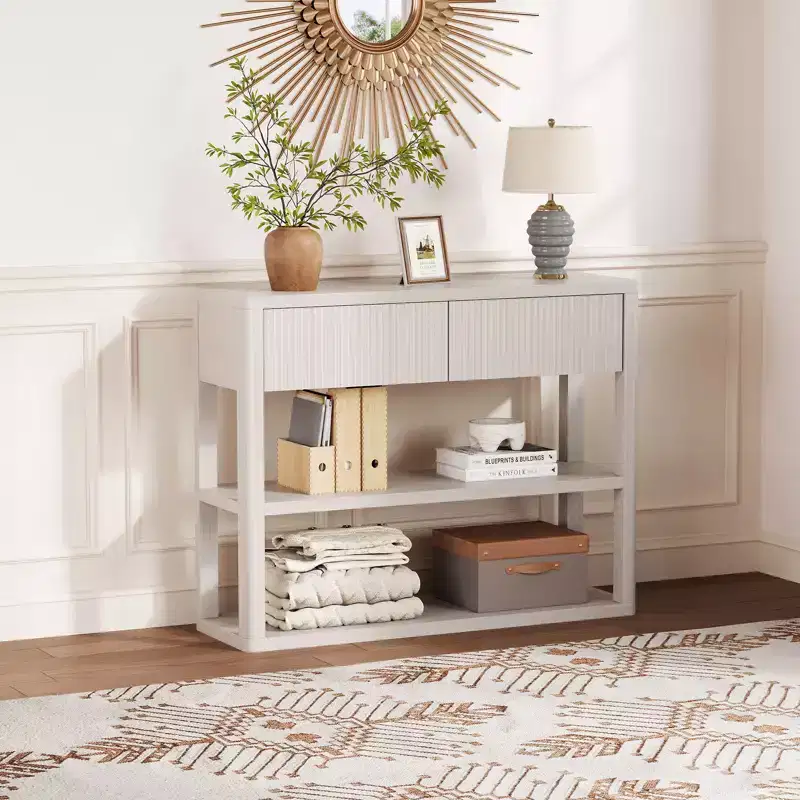 Fluted Console Table with 2 Drawers & 3-Tier Storage Shelves, Modern Entryway Sofa Table for Behind The Couch, Living Room, Entrance & Hallway