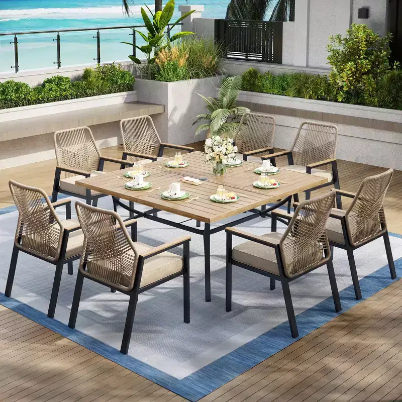 Captiva Designs 9pc Patio Dining Set with Spacious Slat-top Square Metal Table & Beige Rattan Chairs