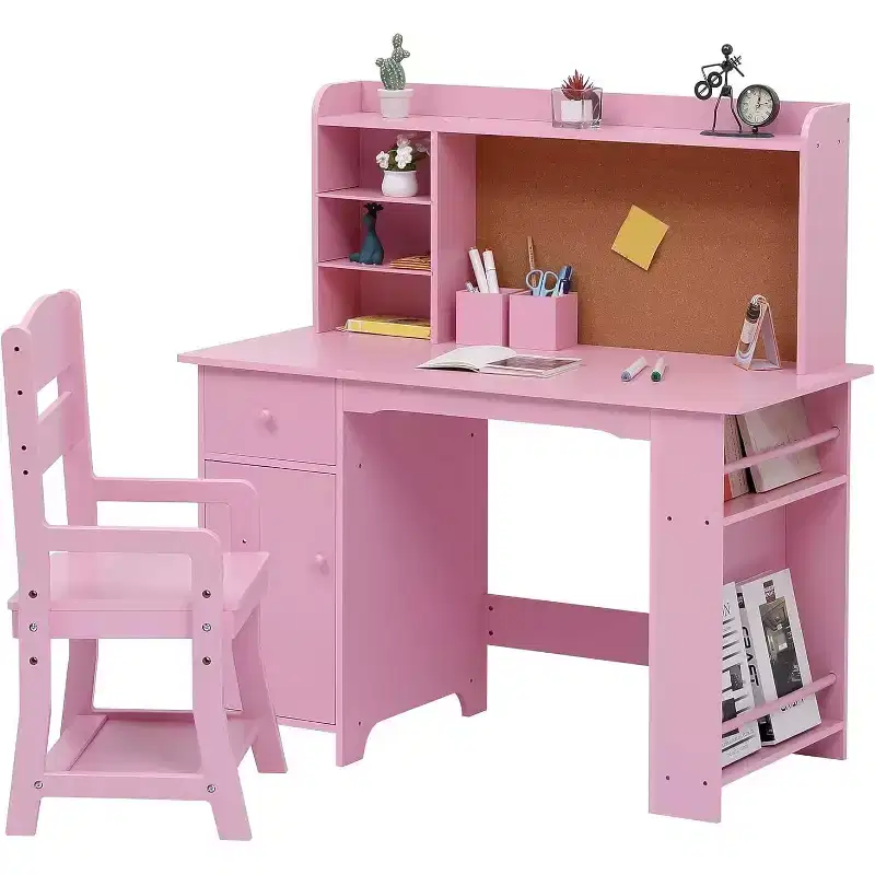 COZONY Kids Desk & Chair Set, Wooden Study Desk with Bookshelf, Bulletin Board, Drawer, Cabinet for Boys & Girls, Adjustable Chair, for Ages 3-8